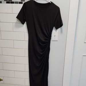 Black Ruched Short-Sleeve Maxi Dress